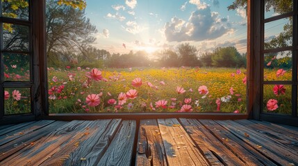 Beautiful view of a vibrant flower field through an open window at sunset, capturing the essence of spring and tranquility. © Ndoomyim