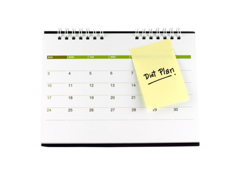 diet plan reminder note message on desk calendar isolated on transparent