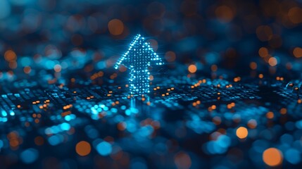 Abstract digital arrow composed of blue lights on a technological background, signifying growth and progress in technology.