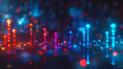 Obraz premium Abstract digital arrows in vibrant blue and red neon lights, symbolizing data growth and technological advancement in a futuristic setting.