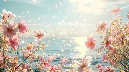 Seaside sunshine pink flowers illustration poster background