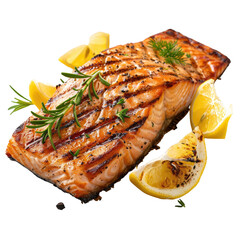 Grilled salmon fillet with herbs and lemon slices on a white background, high-quality gourmet dish, healthy seafood meal., transparent background