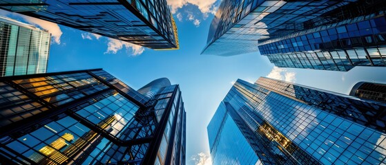 modern skyscrapers against the blue sky, with sunlight reflecting on glass facades and urban landscapes in the background