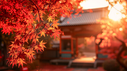 shot of vibrant red maple leaves with sunlight filtering through