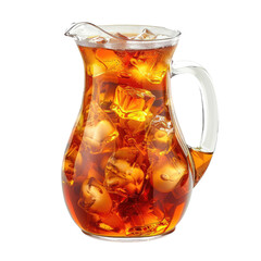 Refreshing iced tea in a clear glass pitcher filled with ice cubes, isolated on a white background. Perfect for summer beverages., transparent background