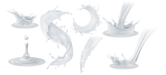 Set of Delicious Close-up High-Quality 3D Rendering Milk Pouring Swirl Splash, A Cascading Splash of Milk and Cream, Isolated mockup for graphic design, Cut out, isolated on transparent background. 