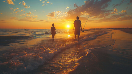 Father and son fishing in ocean surf at sunset,generative ai