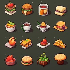A collection of food items, including sandwiches, burgers, and desserts