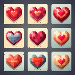 A set of six heart-shaped icons, each with a different color and design