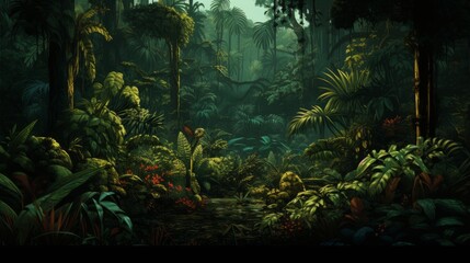 A lush jungle with a lot of green foliage and trees