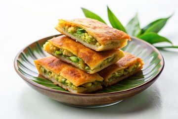 Martabak Telur (Indonesian: Stuffed Pancake or Pan Fried Bread) Indonesian Street Food on White Background