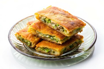 Martabak Telur (Indonesian: Stuffed Pancake or Pan Fried Bread) Indonesian Street Food on White Background