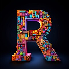 The letter R is made up of many different shapes and colors