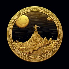 A gold coin with a woman on top of a mountain and a planet in the background