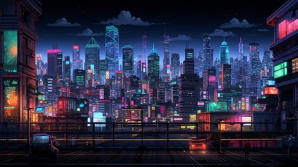 A cityscape with neon lights and a car on the street