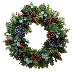 Fototapeta premium Festive holiday wreath with pinecones, greenery, and berries, perfect for Christmas and seasonal decor. transparent backgrounds