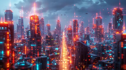 Fototapeta premium A futuristic smart city with interconnected buildings and autonomous vehicles, vibrant and dynamic, neon lights, cyberpunk style, 3D render