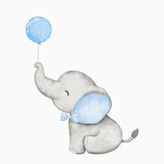 Watercolor baby elephant holding balloon. African baby animal for baby shower boy, nursery decorations, birthday invitations vector