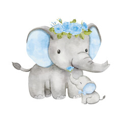 Watercolor baby elephant sending a rose to mom. African baby animal for baby shower boy, nursery decorations, Mother s day invitations vector