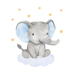 Watercolor baby elephant sitting on a cloud. African baby animal for baby shower boy, nursery decorations, birthday invitations vector