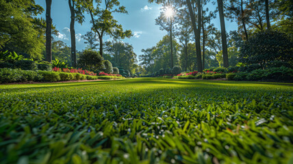 Manicured country lawn, surrounded by trees and shrubs, on a bright summer day.generative ai