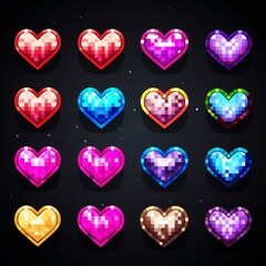 A collection of colorful pixelated hearts