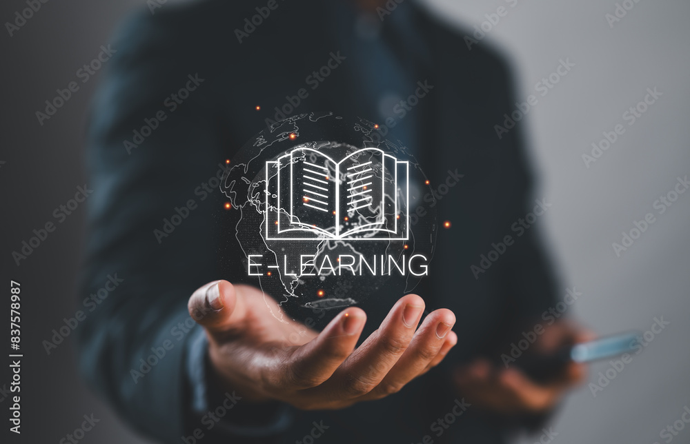 Leinwandbilder E-learning education concept. Personal development, learning online with webinar, video tutorial, internet lessons. Person hold globe with e learning word on virtual screen
