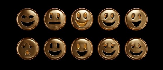 gold Emoji smiles edgy caricatures on black background