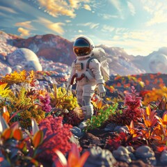 Astronaut Exploring Alien Planet with Vibrant Flora