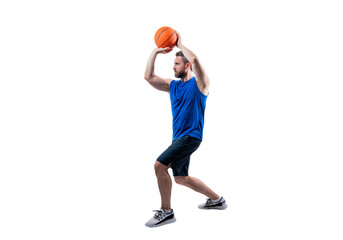 Dunk in basket. Slam dunk in motion. Man with basketball ball on court. Professional basketball...