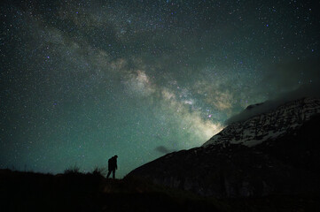Stargazing Human in  Universe, a boy under milky way, Himalayas, Stars, mountain, snow, Lahaul, Himachal Pradesh, India, 