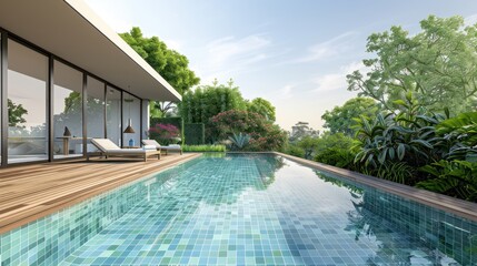 Modern style swimming pool terrace in a private area.