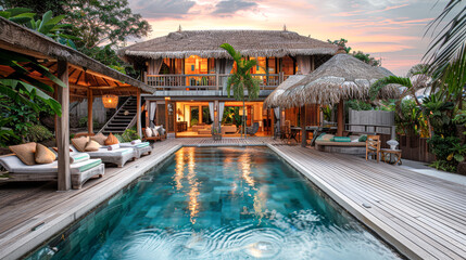 the tropical poolside retreat during the golden hour, with the lighting adding warmth and enhancing...