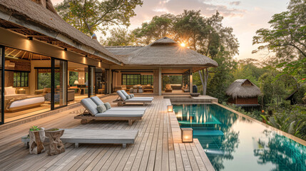 Fototapeta premium the tropical poolside retreat during the golden hour, with the lighting adding warmth and enhancing the textures of the thatched roofs and wooden deck