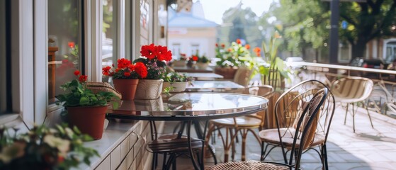 Summer terrace cafe with glass and metal tables and chairs, flower pots by the window