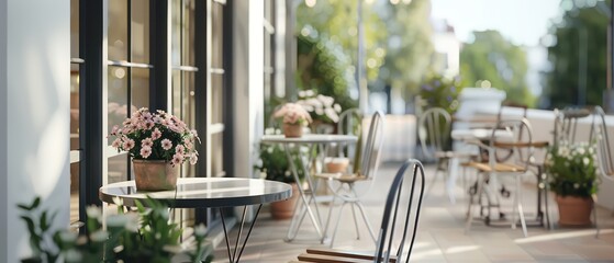 Summer terrace cafe with glass and metal tables and chairs, flower pots by the window