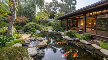 Obraz premium Japanese style garden with stream and koi pond