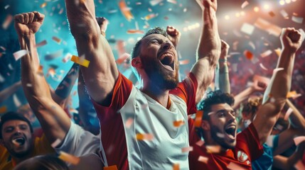 Athlete celebrating victory with teammates at sporting event,  jubilant and elated