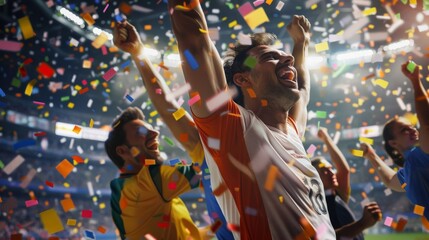 Athlete celebrating victory with teammates at sporting event,  jubilant and elated