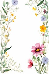 wildflower themed frame or border for photos and text. featuring a mix of colorful blooms and greenery.  white color background.