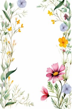 wildflower themed frame or border for photos and text. featuring a mix of colorful blooms and greenery.  white color background.