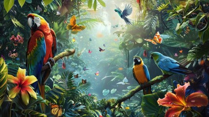 Lively tropical rainforest scene with colorful parrots. Children's book illustrations -