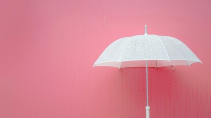 A plain white umbrella spreads under the falling rain on a pink background.