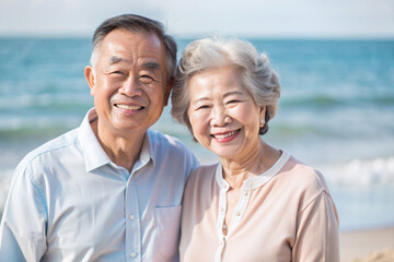 ビーチで微笑む日本のアジア人シニアカップル