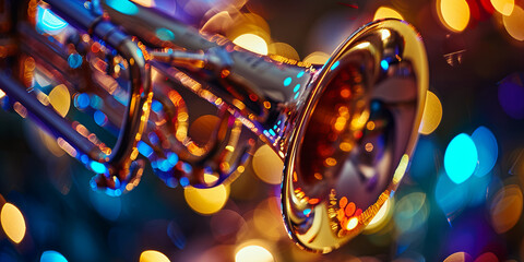 metallic trumpet with its bell open, blurred background with bokeh lights, generative AI