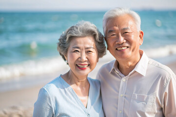 ビーチで微笑む日本のアジア人シニアカップル