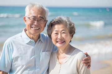 ビーチで微笑む日本のアジア人シニアカップル