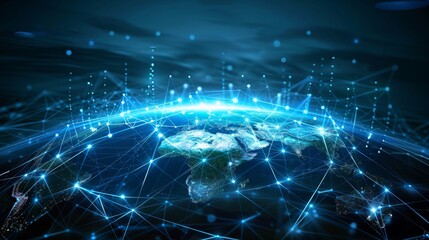 Obraz premium Earth from space with digital network lines and data paths in a cyber-tech design