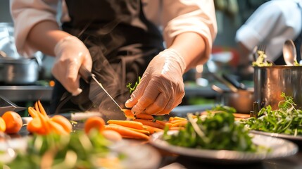 A chef in a white coat and black gloves is carefully chopping carrots on a cutting board.
