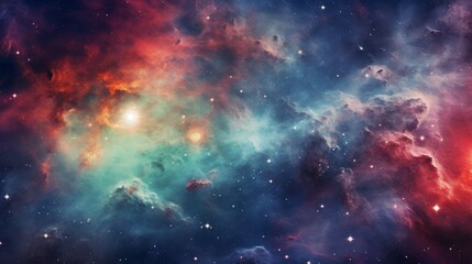 A colorful space scene with a bright yellow sun in the middle